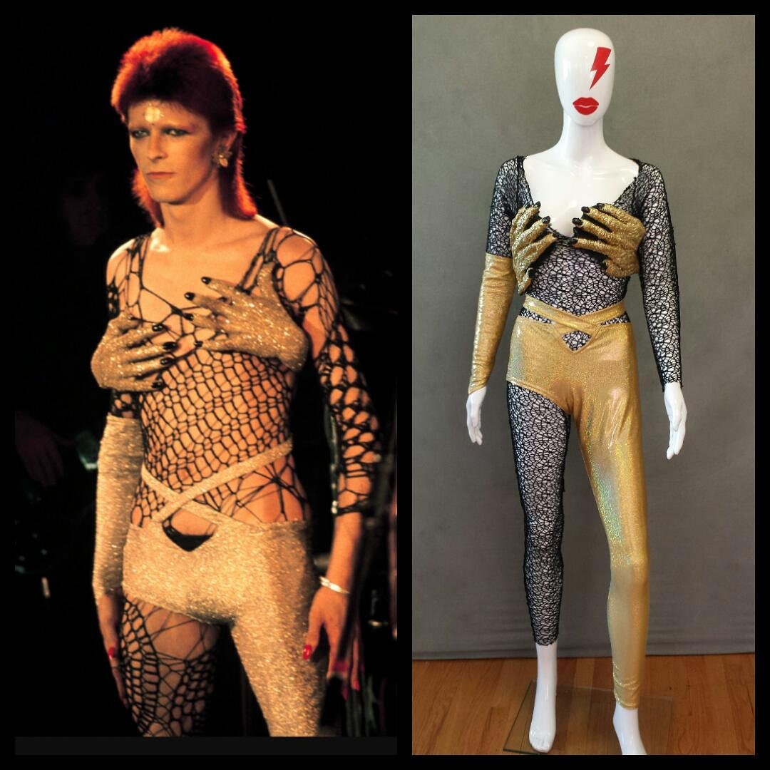 MADE TO ORDER Limited Edition David Bowie/ Ziggy Stardust Inspired Gold  Monster Hands / One Leg Pant and Black Mesh Bodysuit Costume 