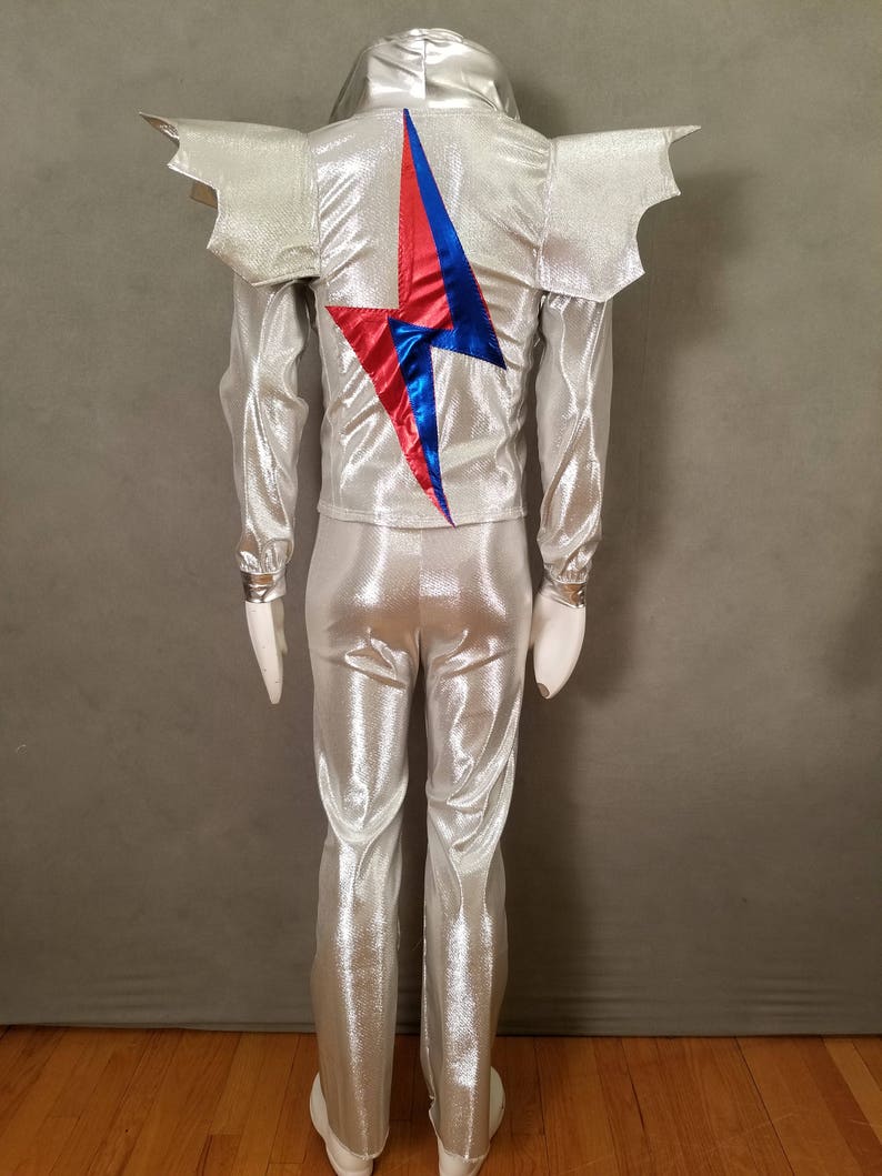 MADE TO ORDER David Bowie / Ziggy Stardust inspired Silver 2 piece suit with 'Bat Wings' and lightning bolt on the back of jacket for men image 5