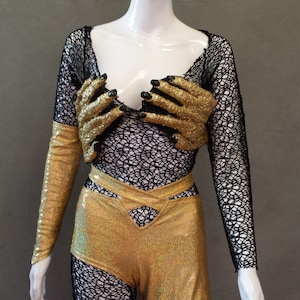MADE TO ORDER Limited Edition David Bowie/ Ziggy Stardust Inspired Gold Monster Hands / One leg pant and Black Mesh Bodysuit Costume image 3