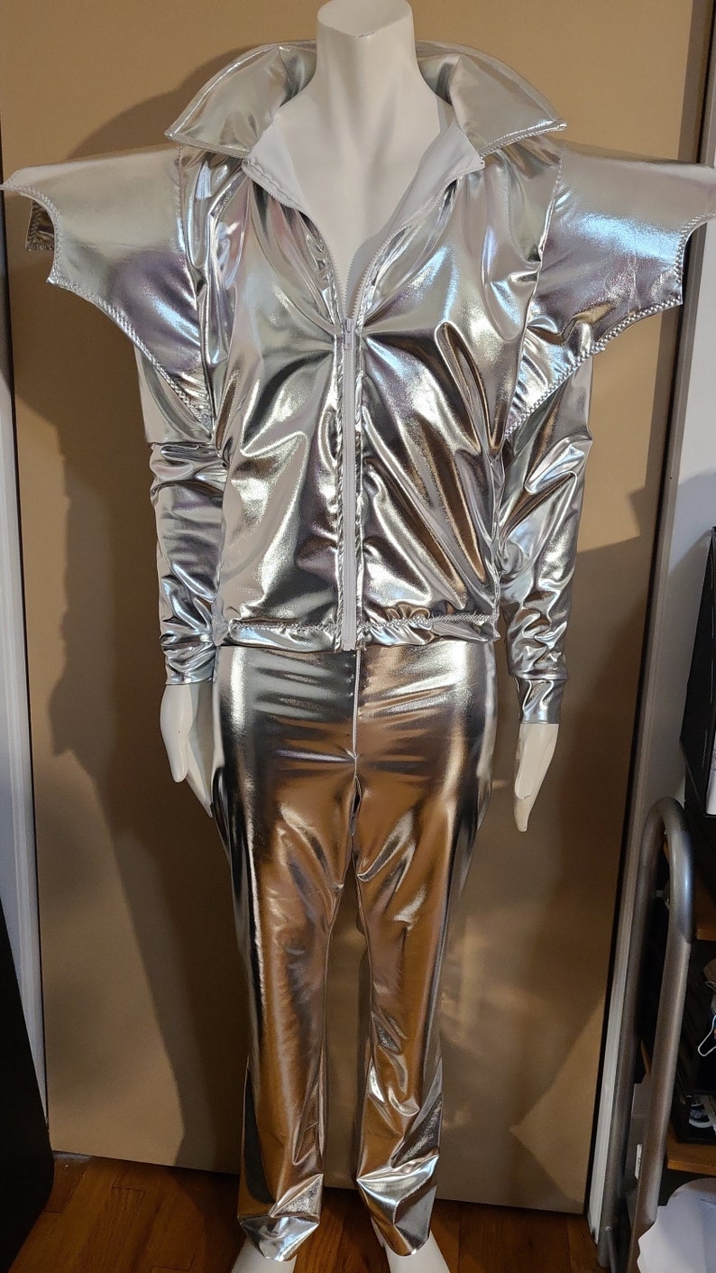 MADE TO ORDER David Bowie / Ziggy Stardust inspired Silver 2 piece suit with 'Bat Wings' and lightning bolt on the back of jacket for men image 7