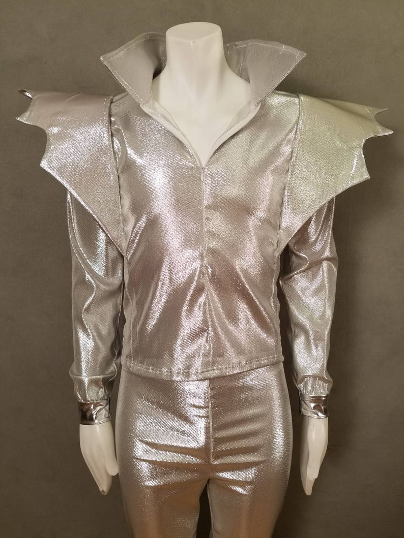 MADE TO ORDER David Bowie / Ziggy Stardust inspired Silver 2 piece suit with 'Bat Wings' and lightning bolt on the back of jacket for men image 3