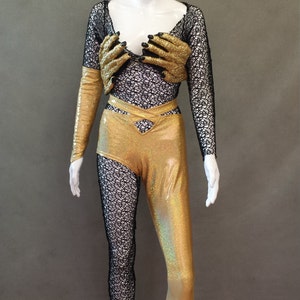 MADE TO ORDER Limited Edition David Bowie/ Ziggy Stardust Inspired Gold Monster Hands / One leg pant and Black Mesh Bodysuit Costume image 2