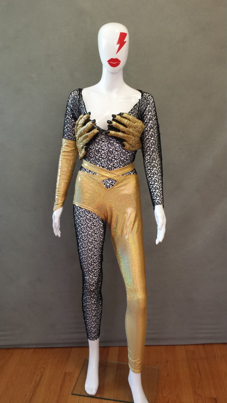 MADE TO ORDER Limited Edition David Bowie/ Ziggy Stardust Inspired Gold Monster Hands / One leg pant and Black Mesh Bodysuit Costume image 2