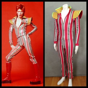 MADE TO ORDER David Bowie / Ziggy Stardust Striped 2 piece suit with high collar and shoulder 'wings' for Men