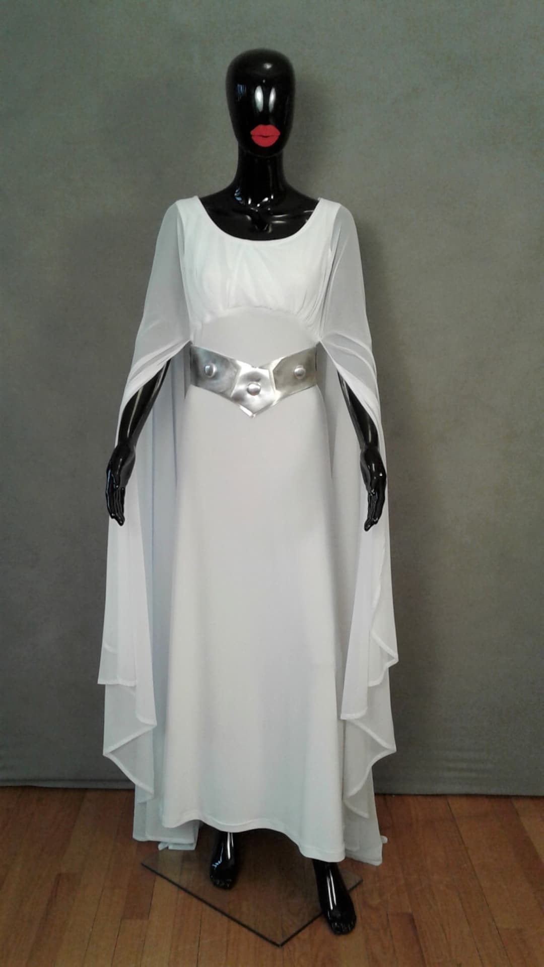 Leia グレー シースルー パーティードレス サテン×レース切り替え