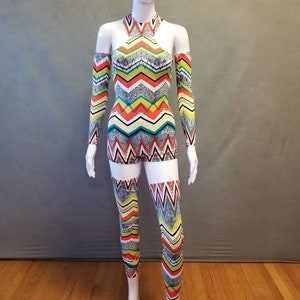 READY TO SHIP David Bowie Inspired Zig Zag Bodysuit with Arm and Leg Bands Size xs/s image 6