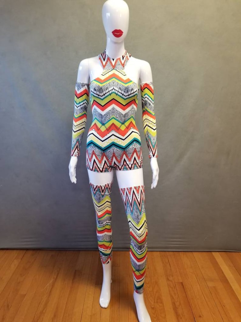 READY TO SHIP David Bowie Inspired Zig Zag Bodysuit with Arm and Leg Bands Size xs/s image 6