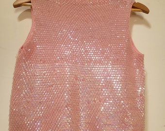 Vintage Cute Sequined Pink Sleeveless Soft-Wool Top