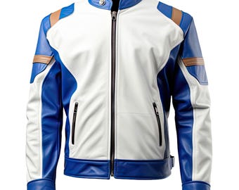 Men’s Royal Blue & White Sheepskin Leather Biker Jacket – Slim Fit Café Racer Style with Stand Collar for a Bold, Stylish Look