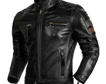 Men’s Classic Black Biker Leather Jacket – Genuine Cowhide with Stand Collar & Multi-Zipper Design