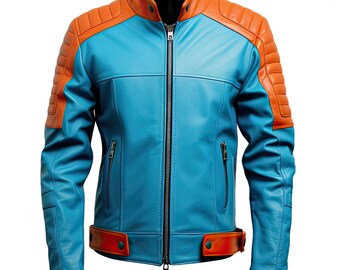 Men’s Blue & Orange Genuine Sheepskin Leather Biker Jacket – Lightweight Quilted Zip-Up with Stand Collar