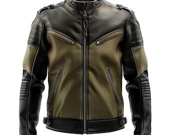 Mens Olive Green and Black Sheepskin Biker Jacket Stand Collar Multi Zip Lightweight Moto Style for Winter Racing