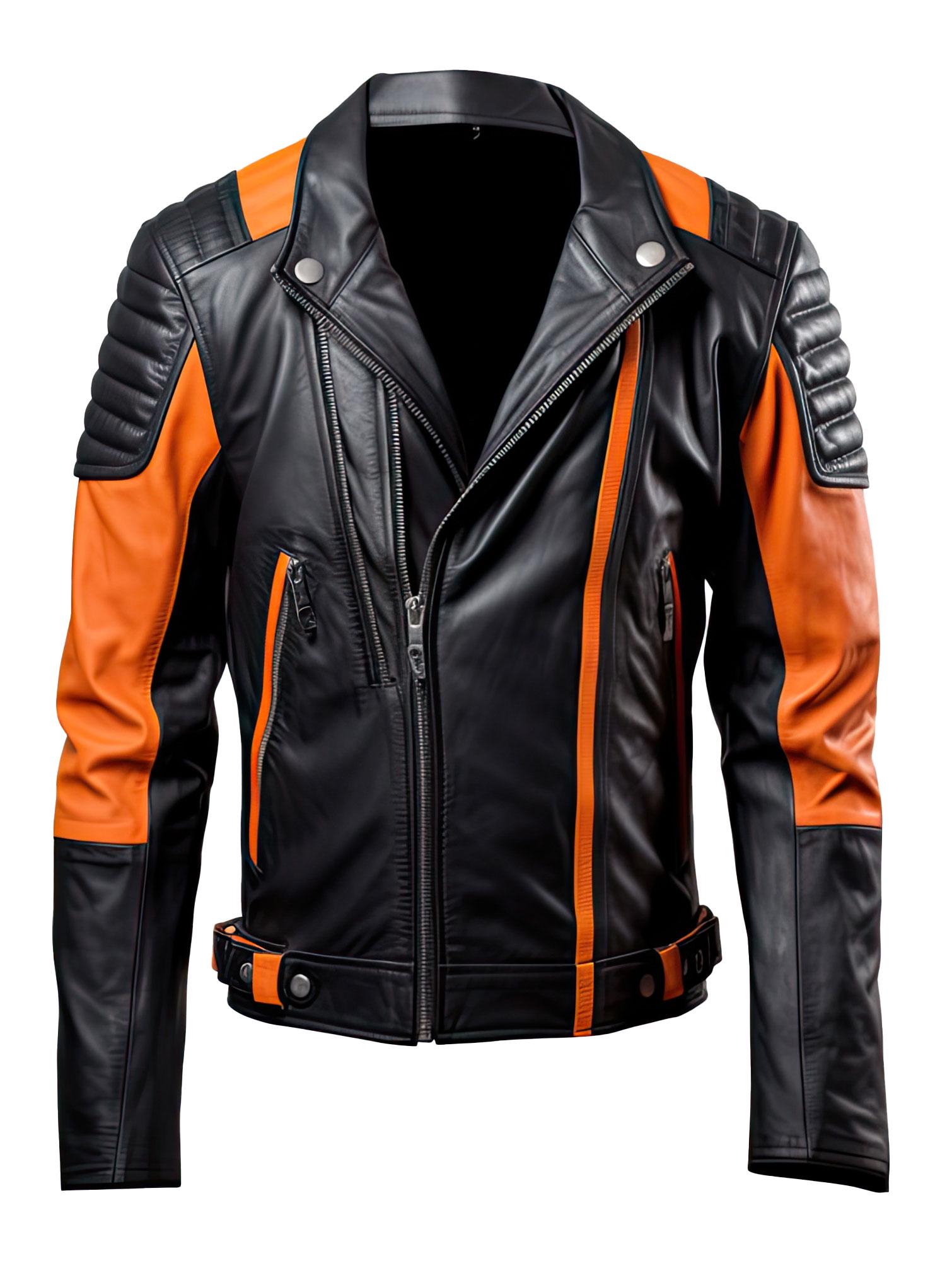 Men’s Black Orange Genuine Sheepskin Stand Collar Zip-up Quilted Trendy Winter Outerwear Moto Racer Leather Jacket