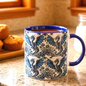 Blue Dragon Mug – Fantasy Ceramic Coffee Cup with Floral Porcelain Pattern