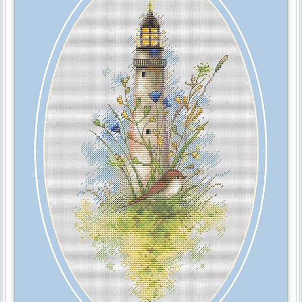 Modèle de phare au point de croix, fleurs, grille de point de croix, broderie à la main, fils DMC, PDF imprimable, téléchargement immédiat