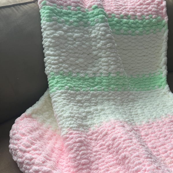 Chunky Soft Baby Small Handmade Blanket, Pink White Green Chenille Throw