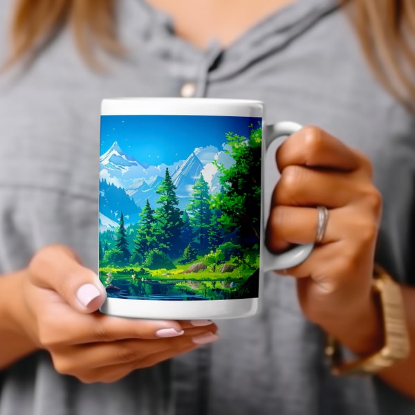 Pixel Art Tasse mit Berglandschaft und einem See, Pixelkunst, Berg mit Seeblick, Keramik Tasse für Naturliebhaber und Wanderer