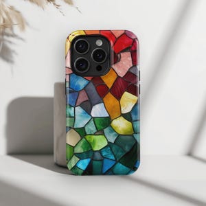 KLEURRIJK telefoonhoesje van glas-in-lood, retro mozaïektegels | Voor iPhone 16e-hoesje, iPhone 16 15 14 13 12 Pro Max Plus Mini, MagSafe-telefoonhoesje