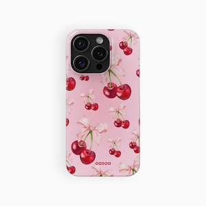 Coquette Cherry Bow Phone Case, Pink Preppy Ribbon | For iPhone 16e Case, iPhone 16 15 14 13 12 Pro Max Plus Mini, MagSafe Phone Case