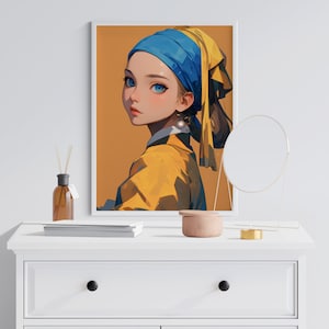 Anime-Inspired Girl with a Pearl Earring Digital Print - Classic Art Reimagined, Manga Style Portrait, Unique Wall Art Download