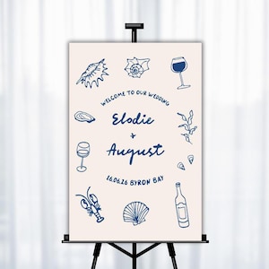 Modello di cartello di benvenuto per matrimonio / Illustrazioni di nozze disegnate a mano con tema oceano, costa, spiaggia, mare, nautica / Cartello di fidanzamento / Cartello per evento 34