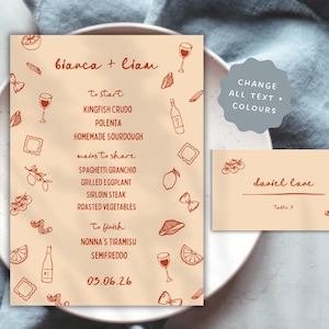 Menú + Plantilla de tarjeta de lugar / Tarjeta de nombre de boda de destino dibujada a mano de inspiración mediterránea Menú toscano italiano Evento de compromiso peculiar 13