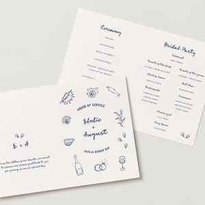 May include: A wedding ceremony order of service card with a nautical theme. The card features illustrations of seashells, a starfish, an oyster, a bottle of champagne, and a glass of wine. The text on the card reads "Order of Service, Elodie + August, Isola di Giglio Bay".