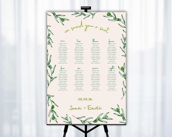 WEDDING SEATING CHART Template Sign | Hand drawn olive branches Mediterranean Italian inspired wedding seating plan event sign table plan 27