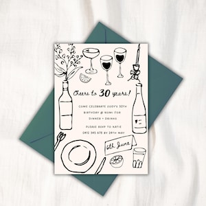 Modèle d'invitation à une fête d'anniversaire de 30 ans | Illustrations de dîner dessinés à la main | 21, 30, 40, 50, 60, événement, fête, inviter