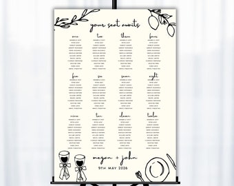WEDDING SEATING CHART Template Sign | Hand Drawn French Italian Tuscan Winery Inspired Themed Wedding Seating Plan Event Sign Table Plan 16