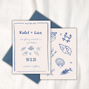 GUARDAR LA FECHA Plantilla de invitación / Plantilla de boda de destino / Isla de bodas en la playa / Mar de fuga Mar Mariscos náuticos temáticos del océano 02
