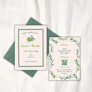 SET DE INVITACIONES DE BODA Plantilla de invitación / Dibujos de garabatos de inspiración mediterránea italiana con ramas de olivo dibujadas a mano de doble cara 27