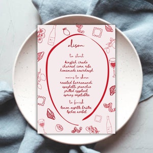 Personalised Menu Template | Mediterranean Inspired Hand Drawn Destination Wedding Italian Tuscan Menu Quirky Red Engagement Birthday Event