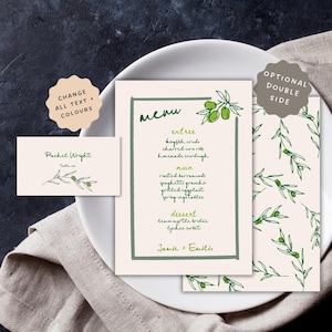 Szablon menu + wizytówki, dwustronny, ręcznie rysowane gałązki oliwne, rysunki inspirowane stylem śródziemnomorskim, menu na wesele, przyjęcie, kolacja 27