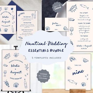 PLANTILLA DE BODA NÁUTICA Paquete / Plantilla de invitación dibujada a mano Menú Letrero de bienvenida Señalización Conchas marinas Destino Playa Costera 34