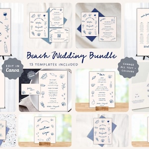Puede incluir: Un conjunto de 13 plantillas imprimibles para una boda en la playa. Las plantillas están en un esquema de color azul y blanco y presentan ilustraciones de conchas marinas, estrellas de mar y otros elementos con temática de playa. El texto en las plantillas incluye los nombres "Elodie & August" y la frase "Beach Wedding Bundle".