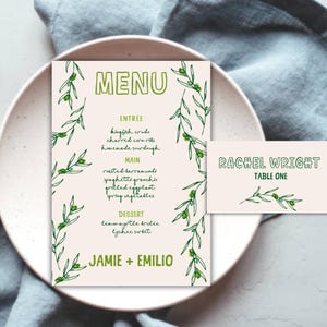 Menu + modèle de marque-place, rameaux d'olivier dessinés à la main, dessins d'inspiration grecque, italienne, méditerranéenne mariage événement dîner menu 50