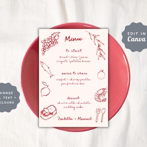 Spanish Wedding Menu Template | Hand drawn olive branches, Mediterranean, Spain, European inspired drawings | event dinner party menu 37