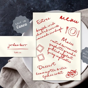 Menu + modèle de marque-place, police d'écriture originale, italien illustré, dessins d'inspiration méditerranéenne mariage événement dîner menu