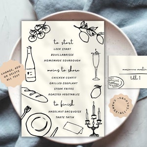 Menu + Modelo de Cartão de Lugar | Destino de casamento inspirado na França desenhado à mão mediterrâneo menu preto e branco peculiar evento de noivado 16