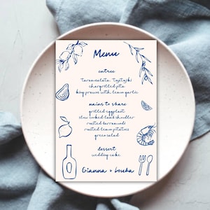 Modelo de cardápio de casamento grego | Ramos de oliveira desenhados à mão, Mediterrâneo, Grécia, desenhos de inspiração europeia | cardápio de jantar para evento 38