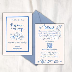 Nautical WEDDING INVITATION SET Template | Hand drawn blue sea, ocean, beach, coastal inspired wedding illustrations and handwritten font 44