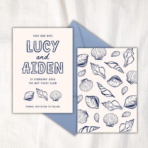 Plantilla de invitación para guardar la fecha de una boda en la playa / Conchas dibujadas a mano / Boda de destino náutico / Océano, playa, fuga, temática marina, mariscos 42