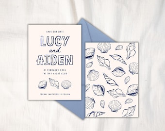 Beach Wedding SAVE THE DATE Invitation Template | Hand Drawn Shells Nautical Destination Wedding | Ocean Seaside Elope Sea Themed Seafood 42