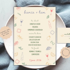 Menu + Place Card Template | Mediterranean Inspired Hand Drawn Destination Wedding Name Card Italian Tuscan Menu Quirky Engagement Event 13