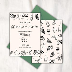 SAVE THE DATE Template Invitation | Double sided Mediterranean Tuscany Italy Inspired Winery Wedding | Destination Wedding hand drawn invite