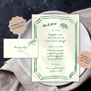 Modelo de Cardápio + Cartão de Lugar, borda desenhada à mão, desenhos ilustrados de inspiração italiana e mediterrânea, menu para jantar de casamento 19