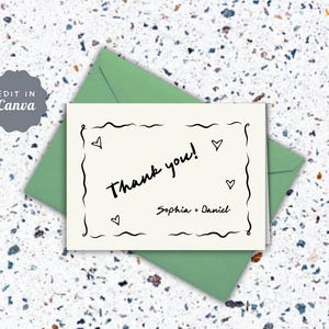 THANK YOU CARD Template | Wedding thank you note | Event thank you note | Cute wavy border, handwritten font, black and white