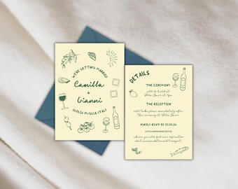 Plantilla de CONJUNTO DE INVITACIONES DE BODA / Dibujos garabatos inspirados en el Mediterráneo italiano dibujados a mano / Invitación editable moderna y divertida retro 35