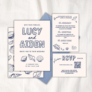 Nautical WEDDING INVITATION SET Template | Hand drawn sea, ocean, beach, coastal inspired wedding illustrations and fun block font 42